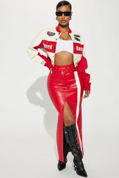 Available In Red/combo. Moto Jacket Mock Neck Long Sleeve Button Snap Closure Colorblock Patches Detail Rib Knit Cuff Cropped Pair Back To "Hot Rod Maxi Skirt" Declaimer: Due To The Print & Patch Placement , Each Garment Is Unique. Self: 45% Polyurethane 55% Cotton Contrast1: 45% Polyurethane 55% Cotton Contrast2/ Lining: 100% Polyester Imported California Proposition 65 WARNING: Cancer and Reproductive Harm - www.P65Warnings.ca.gov. | Hot Rod Cropped Moto Jacket in Red size 1X by Fashion Nova Red And White Outfits, Cropped Moto Jacket, Football Game Outfit, Homecoming Outfits, Mock Neck Long Sleeve, Simple Trendy Outfits, Gaming Clothes, Cute Simple Outfits, Baddie Outfits