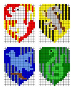 four pixellated images of different colored objects