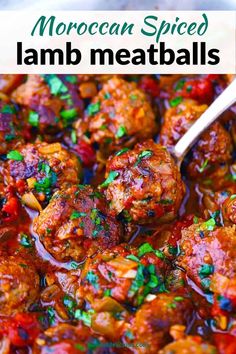 moroccan spiced lamb meatballs in a bowl with a spoon