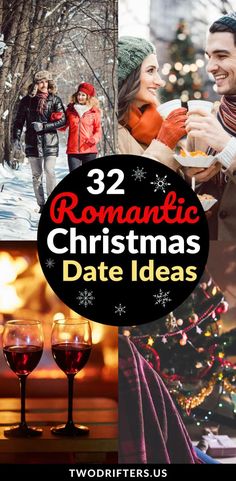 the cover of romantic christmas date ideas, including wine glasses and snow - covered trees