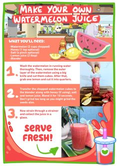 the instructions for making watermelon juice are shown in this graphic style, and include pictures