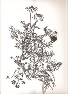 a drawing of a skeleton and flowers with the words interest written in red on it