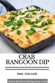 an image of crab rangoon dip in a cast iron skillet with text overlay