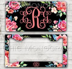 floral monogrammed license plate holder with pink roses and leaves on black, featuring the letter