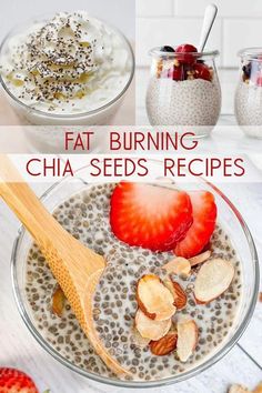 various images of chia seed pudding with strawberries and almonds