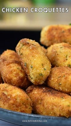 chicken croquettes in a blue bowl with the words, how to cook chicken croquettets