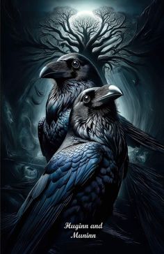 two black crows sitting on top of each other in front of a full moon and tree