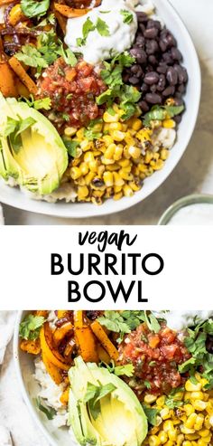 two bowls filled with different types of food and the words vegan burrito bowl