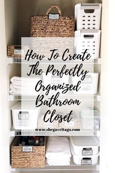 an organized bathroom closet with baskets, towels and other items on the shelves in it