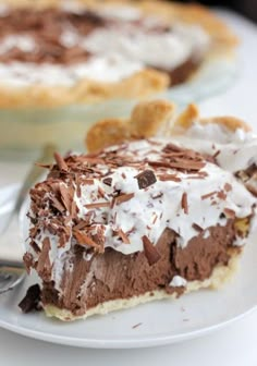 a piece of chocolate pie on a white plate