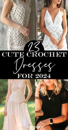 crochet dresses for women in different styles and sizes, with text overlaying the