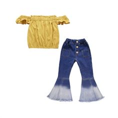 Children Wear Girl Gradient Bell Bottoms Denim Jeans High Waist Splicing Buttons Pants for girl Material: cotton Color: as the picture shows, (Due to the difference between different monitors, the picture may have slight color difference. please make sure you do not mind before ordering, Thank you!) Package weight: 200g Package size: 25x35x1cm,(Please allow 1-3mm error due to manual measurement. please make sure you do not mind before ordering.) Package include:1PC Pants+1PC Tops Size chart: Siz Baby Girls Outfits, Toddler Girl Outfits Summer, Short Pants Outfit, Girl Material, Summer Pants Outfits, Children Wear, Toddler Girl Summer, Button Pants, Toddler Girl Outfit