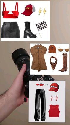 a hand holding a camera with various items on it and in the background, there is an image of a woman's clothing