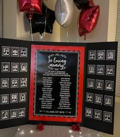 a black and red menu with balloons in the background for a wedding anniversary or special event