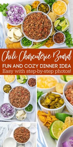 Chili Charcuterie Board Dinner Idea Charcuterie Board Dinner, Crockpot Chicken Chili Recipes, Fall Chili, Quinoa Chili Recipe, Chicken Chili Crockpot, Crockpot White Chicken Chili