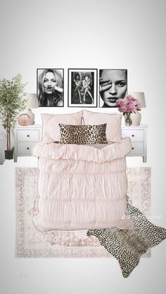 a bedroom with pictures on the wall and pink bedding