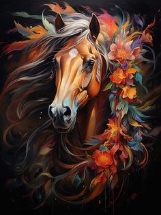 a painting of a horse with flowers on it's head and long manes