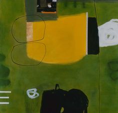 an abstract painting with green, yellow and black colors on the ground next to a white object