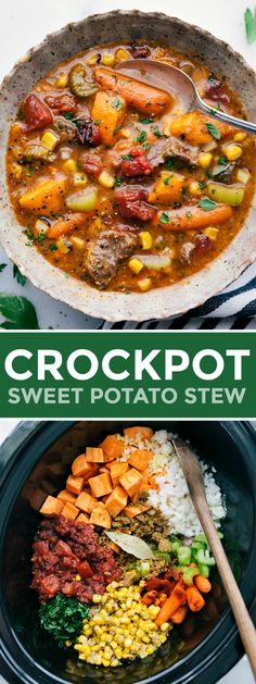 crockpot sweet potato stew with corn, carrots and other vegetables in it