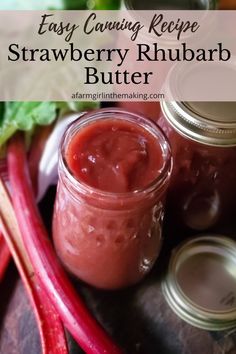 a jar filled with strawberry rhubarb butter next to some radishes