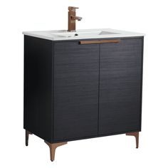 an image of a bathroom vanity with sink and faucet in black wood finish