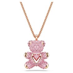 Inspire a smile with this playful pendant. The 3D teddy is covered in light pink crystal Pointiage® and holds a heart-shaped 'dancing' stone in a vibrant pink shade. Finished with a rose gold-tone plated chain, this unique design encapsulates luck and love. Stylish Jewelry Accessories, Light Pink Crystal, Teddy Bear Pendant, Bear Pink, Y2k Accessories, Expensive Jewelry Luxury, Pink Swarovski, Bear Necklace, Bear Pendant