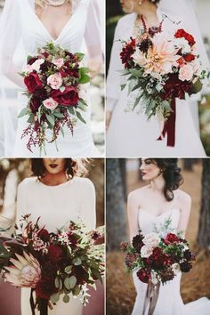 wedding bouquets with red and pink flowers are arranged in four different pictures, including the bride's bouquet