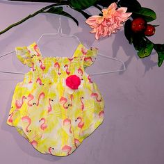 Baby Girls 1pc Outfit Pink Flamingo Romper, 6m, Seersucker Summer Spring Yellow Floral. New Without Tags Bin 50 Yellow Cotton Bubble Romper For Summer, Summer Yellow Cotton Bubble Romper, Yellow Cotton Summer Bubble Romper, Casual Yellow Bubble Romper For Summer, Cute Yellow Sleeveless Bubble Romper, Cute Sleeveless Yellow Bubble Romper, Yellow Bubble Romper For Summer Playwear, Cute Yellow Bubble Romper For Spring, Yellow Casual Bubble Romper For Playtime