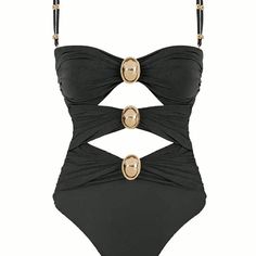 a black one piece swimsuit with gold buckles on the front and straps at the back