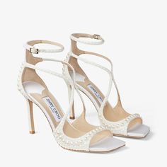 Azia 95 | White Satin Sandals with All-Over Pearls | JIMMY CHOO Knee Boots Flat, Jimmy Choo Wedding Shoes, Jimmy Choo Bing, Jimmy Choo Bridal, Jimmy Choo Heels, Bridal Heels, Embellished Sandals, Jimmy Choo Shoes, Footwear Design Women