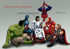 an image of the avengers family with jesus and other superheros in front of them