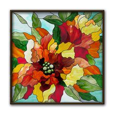 a stained glass flower with green leaves and red flowers on it's center piece