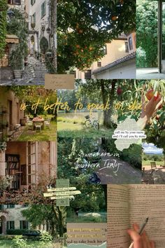 a collage of photos with trees, buildings and writing on paper that says it's better to travel through the world