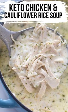 chicken and cauliflower rice soup in a blue pot with a spoon on top