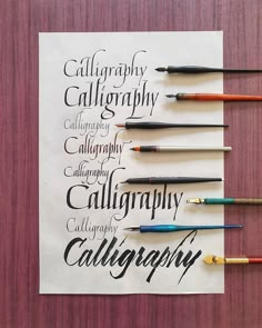 the calligraphy is lined up on top of each other with different types of pens