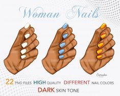 woman nails with different colors and designs on the thumbnails are shown in three different positions