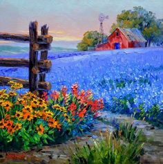 an oil painting of a farm scene with flowers in the foreground and a red barn in the background