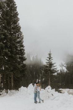 two people standing in the snow near some trees