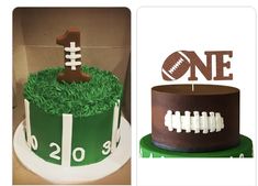 a football themed birthday cake with the number one on top and an image of a football field