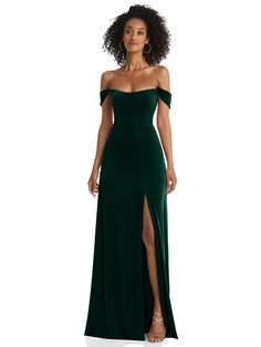 The Dreamy, Romantic, Ethereal Vibes Of This Off-the-shoulder Lux Velvet Dress With Pockets Will Set The Stage For You To Make A Grand Entrance. This Gorgeous Gown Features Elegant Flounce Sleeve Detailing With A Flattering Basque Bodice. Shown In Evergreen. Green Dress Formal, Elegant Green Dresses, Forest Green Dresses, Dark Green Dress, Velvet Bridesmaid Dresses, Green Prom, After Six, Velvet Gown, Velvet Maxi