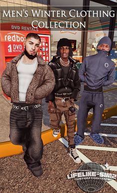 three men standing next to each other in front of a storefront window with the words men's winter clothing collection on it