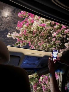 the view from inside a car looking up at pink flowers