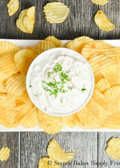 potato chips with ranch dip in a white bowl