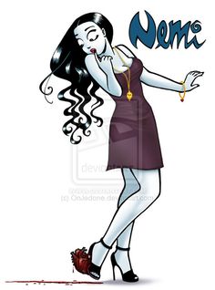 a drawing of a woman in a dress with her hand on her hip and the word nom above her head