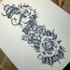 a drawing of a rose and an old fashioned machine tattoo on a piece of paper