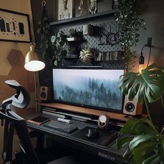 a desk with a computer monitor, keyboard and mouse on it next to a potted plant