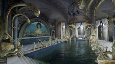 an elaborately decorated indoor swimming pool in a palace