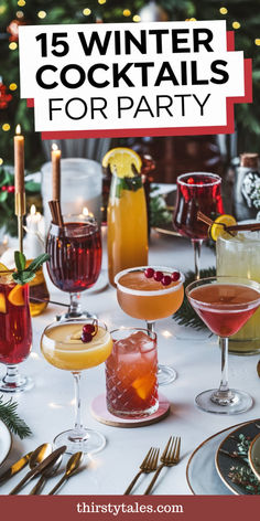 a table topped with glasses filled with different types of cocktails and garnishes