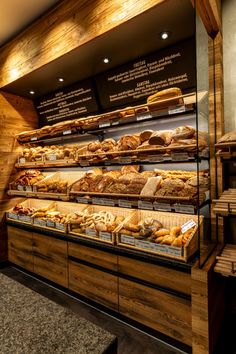 a display case filled with lots of different types of breads and pastries on wooden shelves