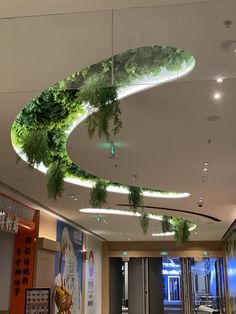 the ceiling is decorated with green plants and lights